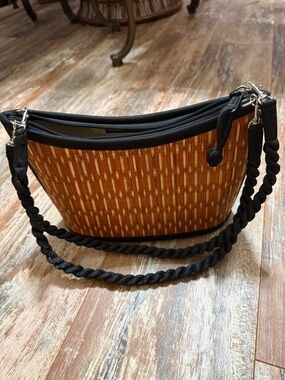 Baskets of Cambodia Woven Orange Shoulder Bag with Black Trim and Braided Strap